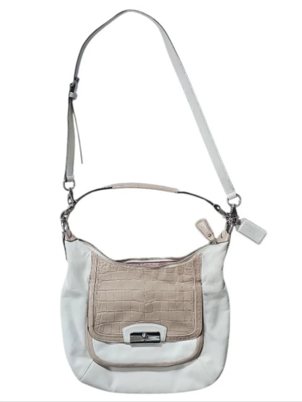 Coach Kristin Spectator Leather Hobo Crossbody Bag Cream Tan Croc Embossed